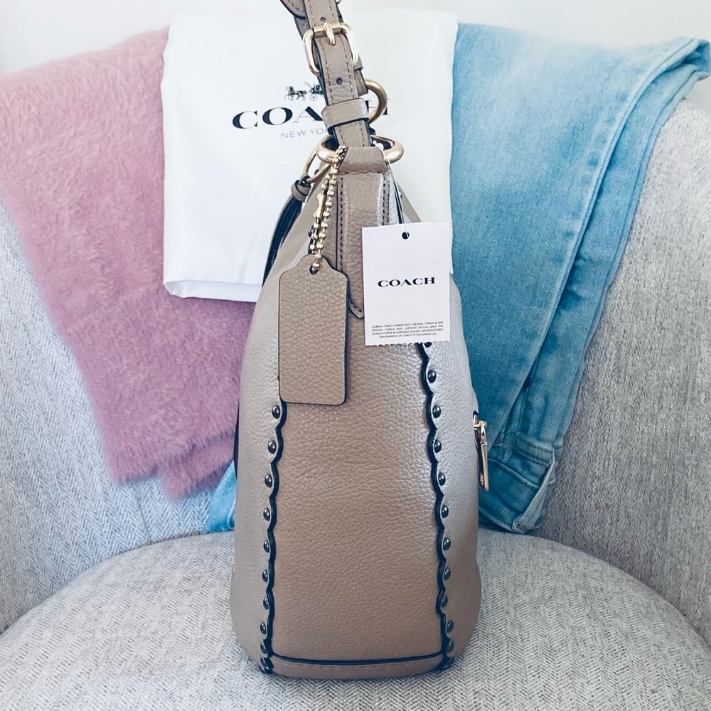 Coach Sutton Hobo Rivets Taupe Pebble Leather Bag - Picture 5 of 9